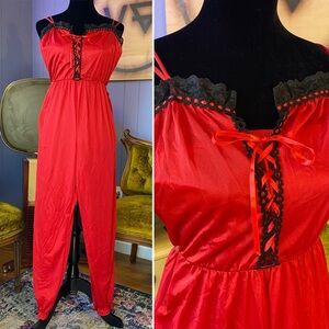 Vintage 70s Lady Cameo Lingerie Harley Quinn Red and Black Lace Nylon Jumpsuit